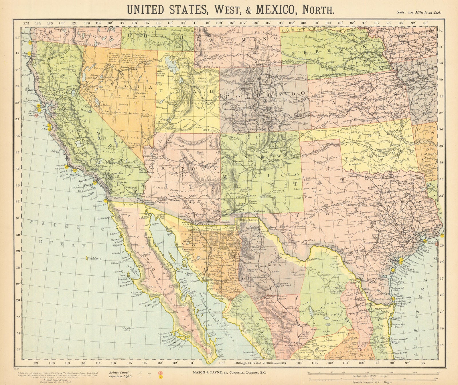 SOUTH WESTERN USA & N Mexico. Railroads & Lighthouses. LETTS 1892 old map